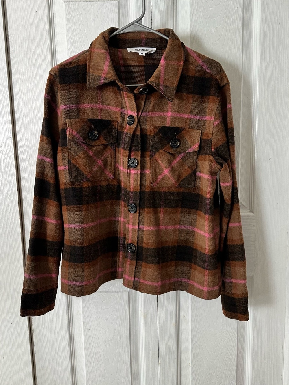Madewell Brown Plaid Button-Down Shirt Jacket with Pink Stripes